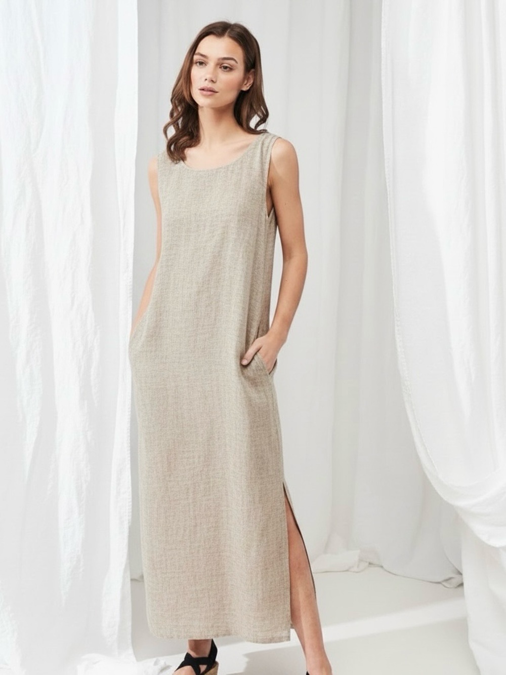 Linen Handmade Studio Size S Beige Astrid 100% Linen Sleeveless Maxi Dress
